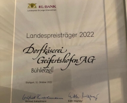 Zweiter Preis des Landespreis für junge Unternehmen Dorfkäserei Geifertshofen